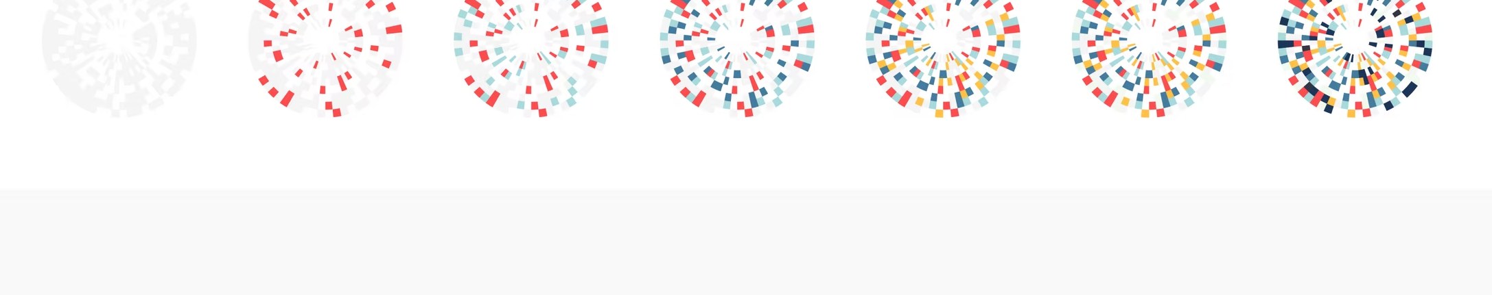 A row of seven circular data-visualisation glyphs, building up density left to right.