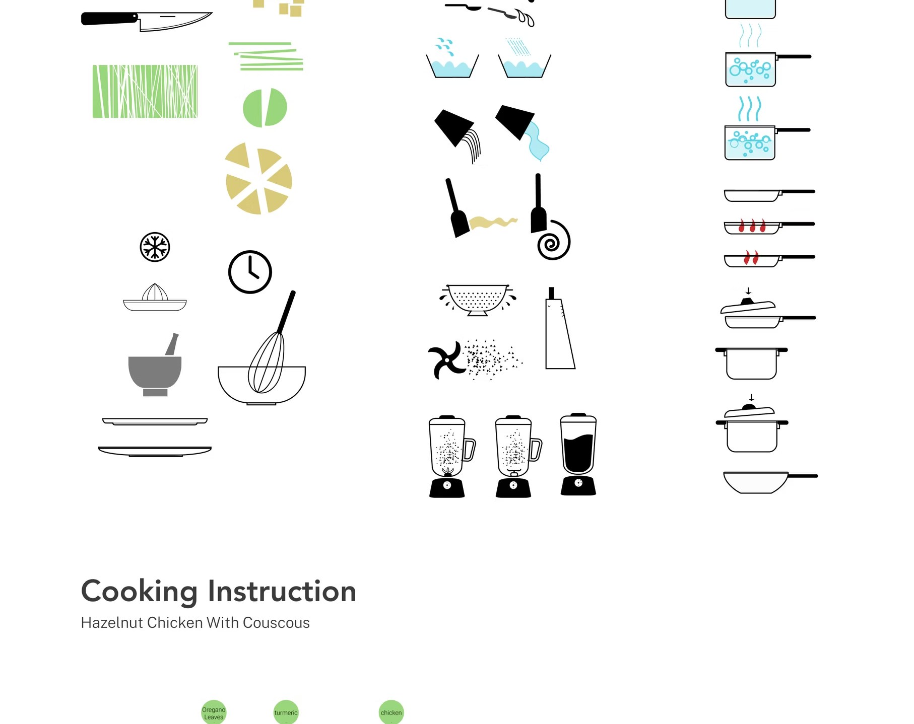 Three columns of hand-drawn cooking icons: Preparation, Technique and Cooking.
