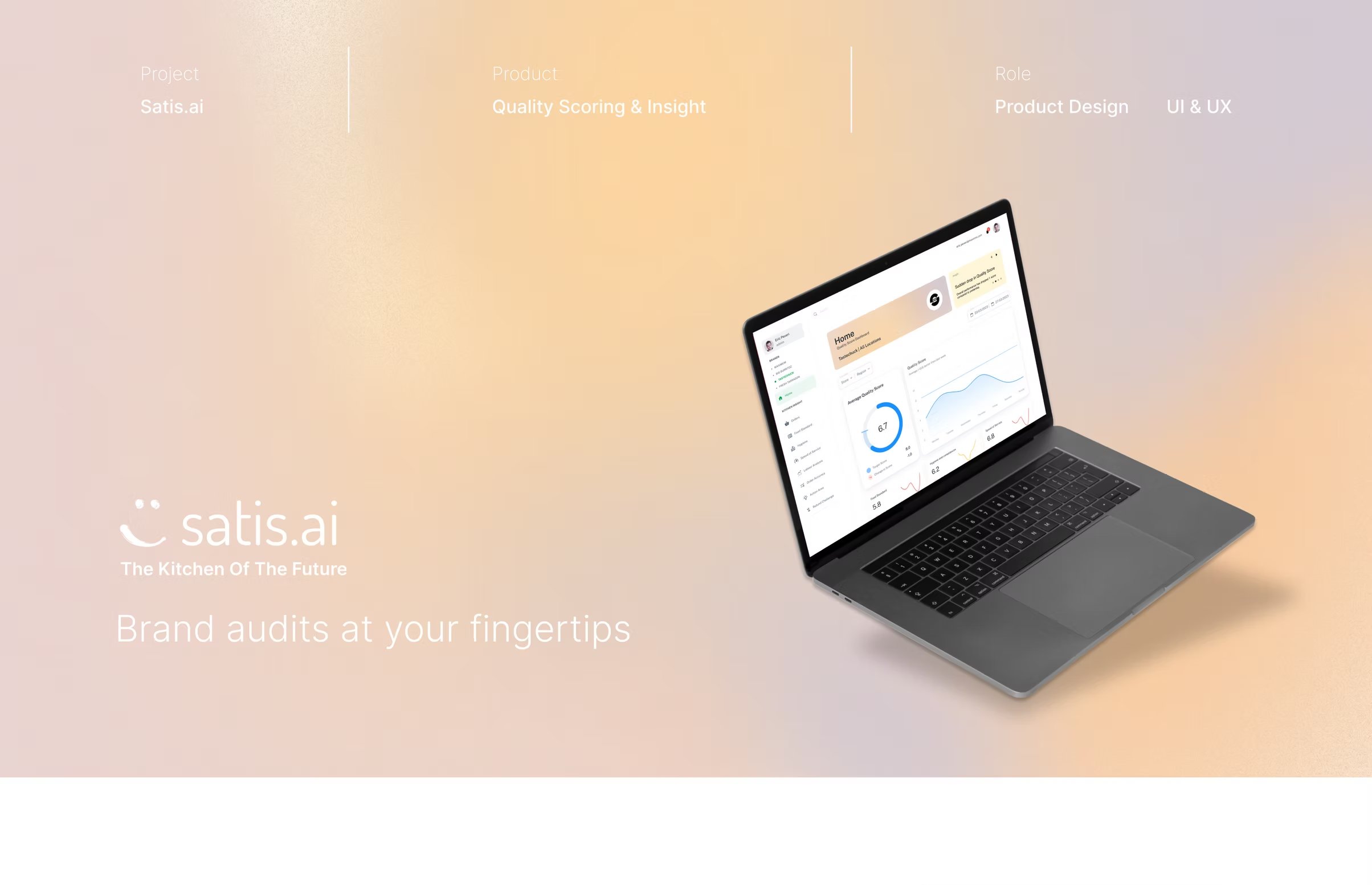 The SATIS.AI Quality Score laptop hero — 'brand audits at your fingertips' across multiple kitchens.
