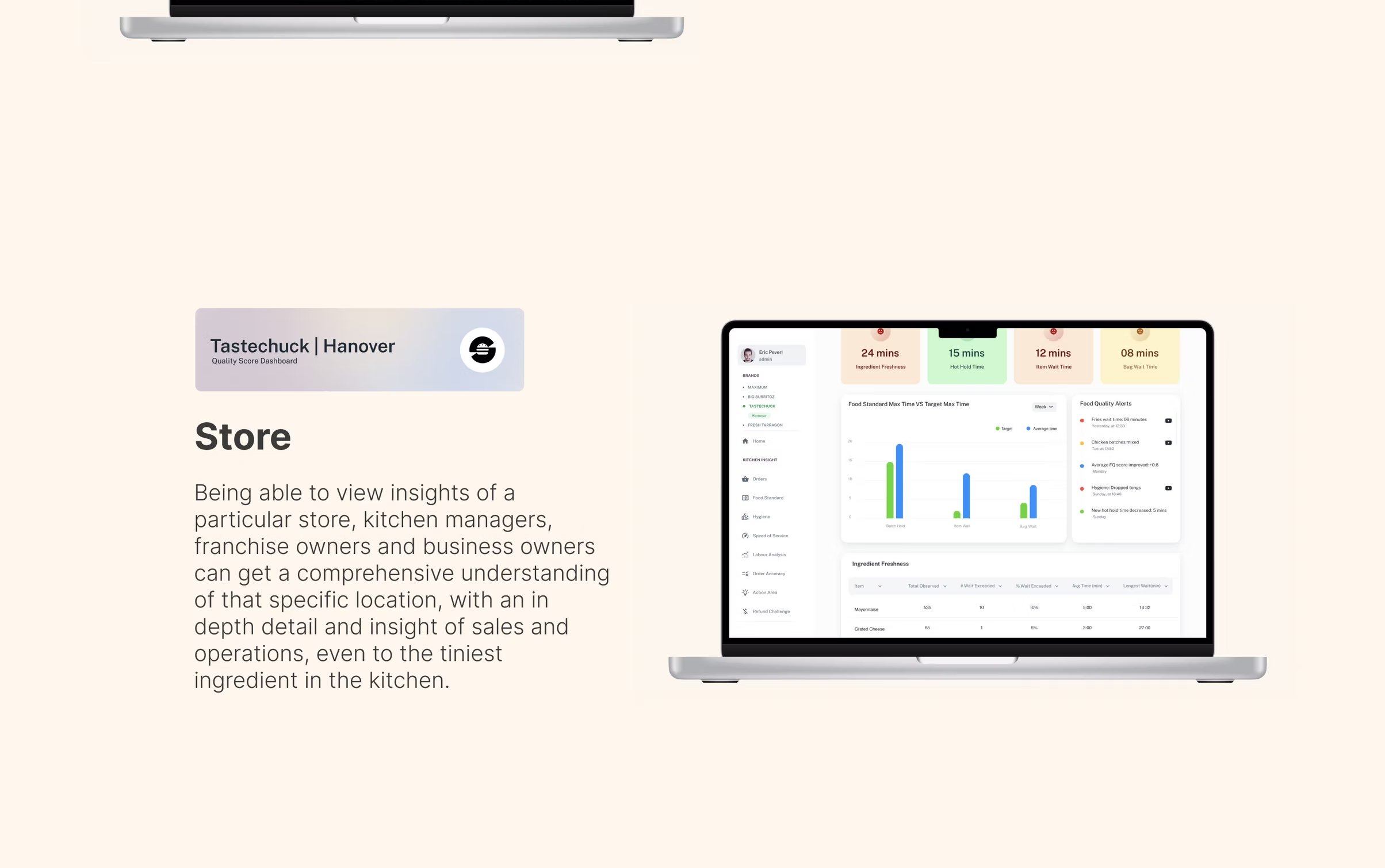 Two laptops showing brand-level Quality Score dashboards with comparison charts.