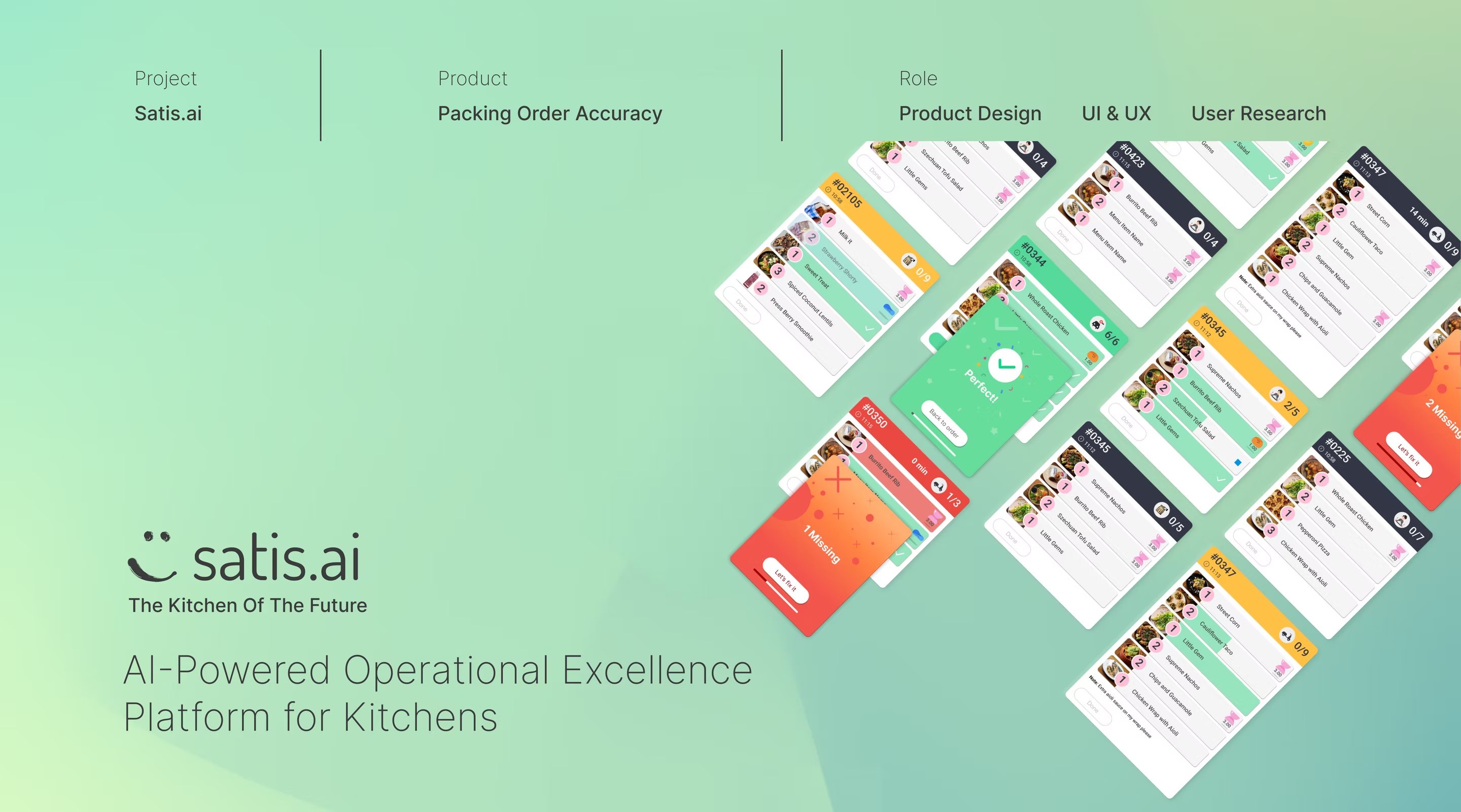 SATIS.AI Packing Order Accuracy — fanned order cards across operational dashboards