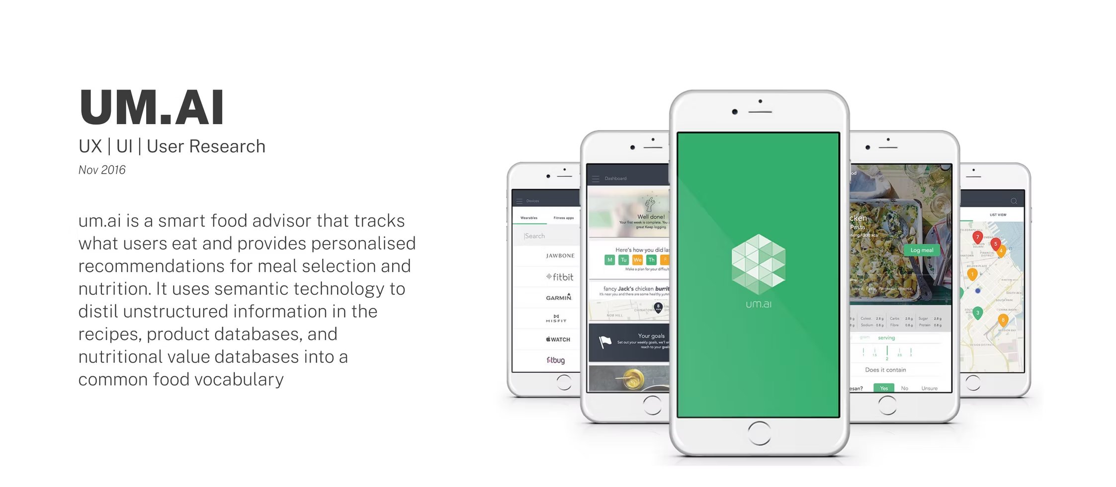 UM.AI hero — a fan of mobile screens showing the app's core flows.