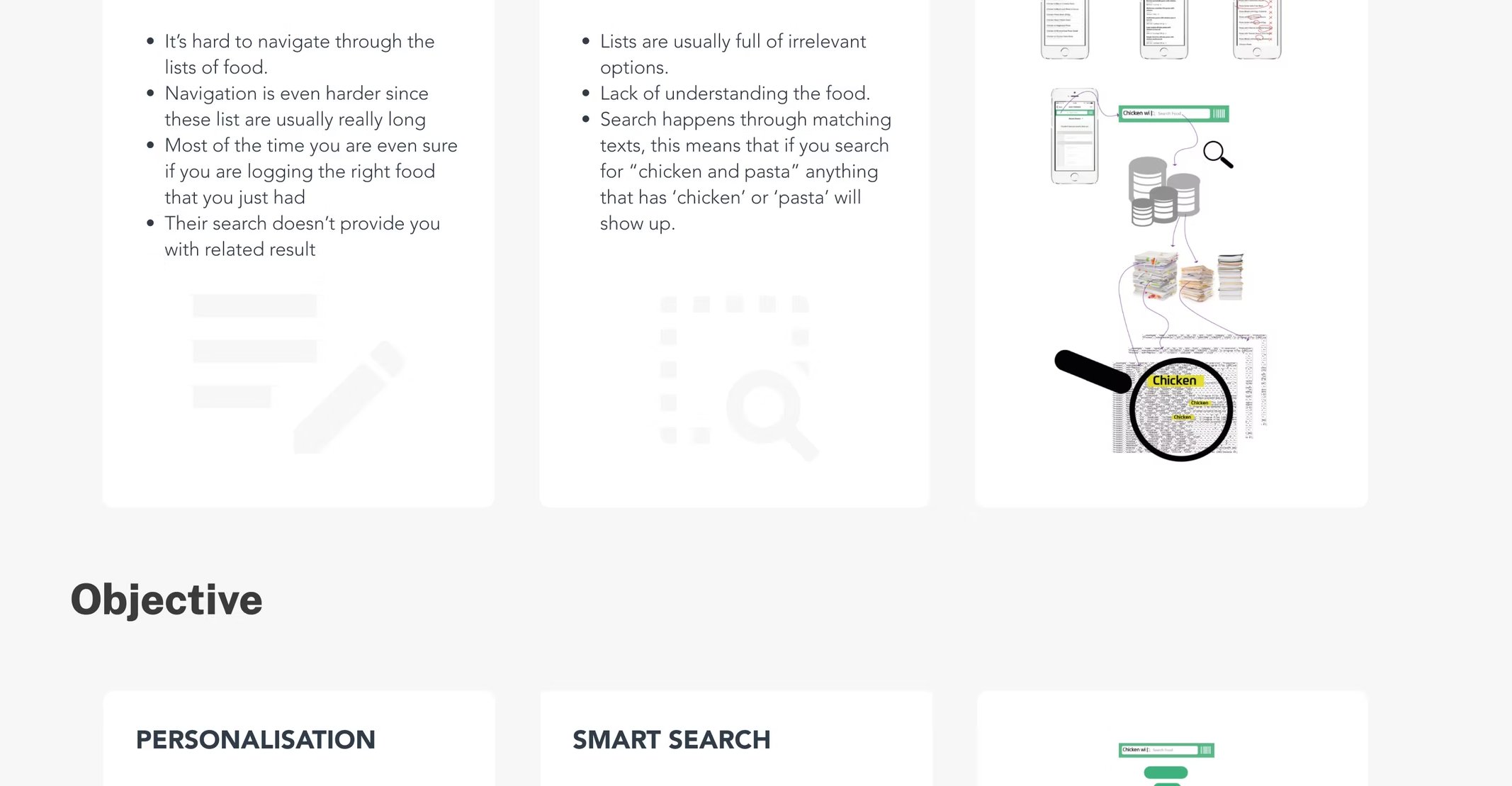 UM.AI pain board: two cards 'Foods Logging' and 'Irrelevant Search Results' with bullet evidence and example screenshots.